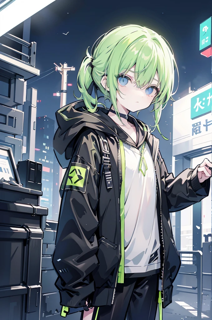 Fluorescent green very short ponytail , black eye, severe dark circles , droopy eyes , cyberpunk hood , Timid , dependent , heartless , night background , dark , Hikikomori , genderless , masculine , boy , man , Man , Overhead retro bike goggles , man 캐릭터