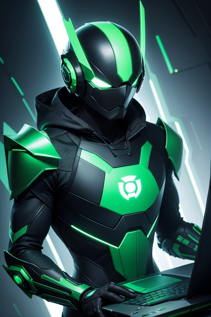 Hacker in green colored cyber armor holding a laptop