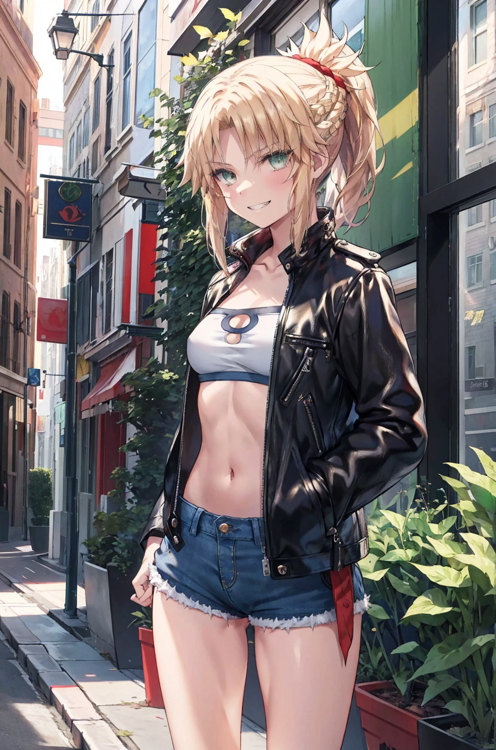 Masterpiece, Best Quality, illustration, city street, 1girl, Mordred \(fate\), cowboy shot, collarbone, Detailed blond hair ponytail braid, green eyes, Red leather jacket, White short blouse, denim shorts,navel,thigh-high,grin, covered_pussy,skiny,long_sword,apart_legs,