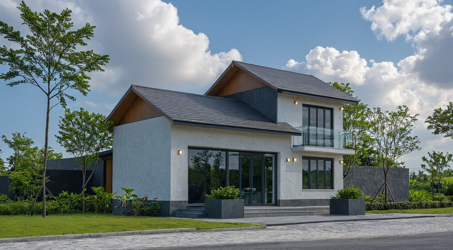 Masterpiece, high quality, best quality, authentic, super detail, outdoors, onestoreyvillaXL, aiai, aiaigroup, wall stone,  house style modern on the street ,stairs, white wall ,road,pavement, grass, trees, sky, cloud, (daylight:1.1)
