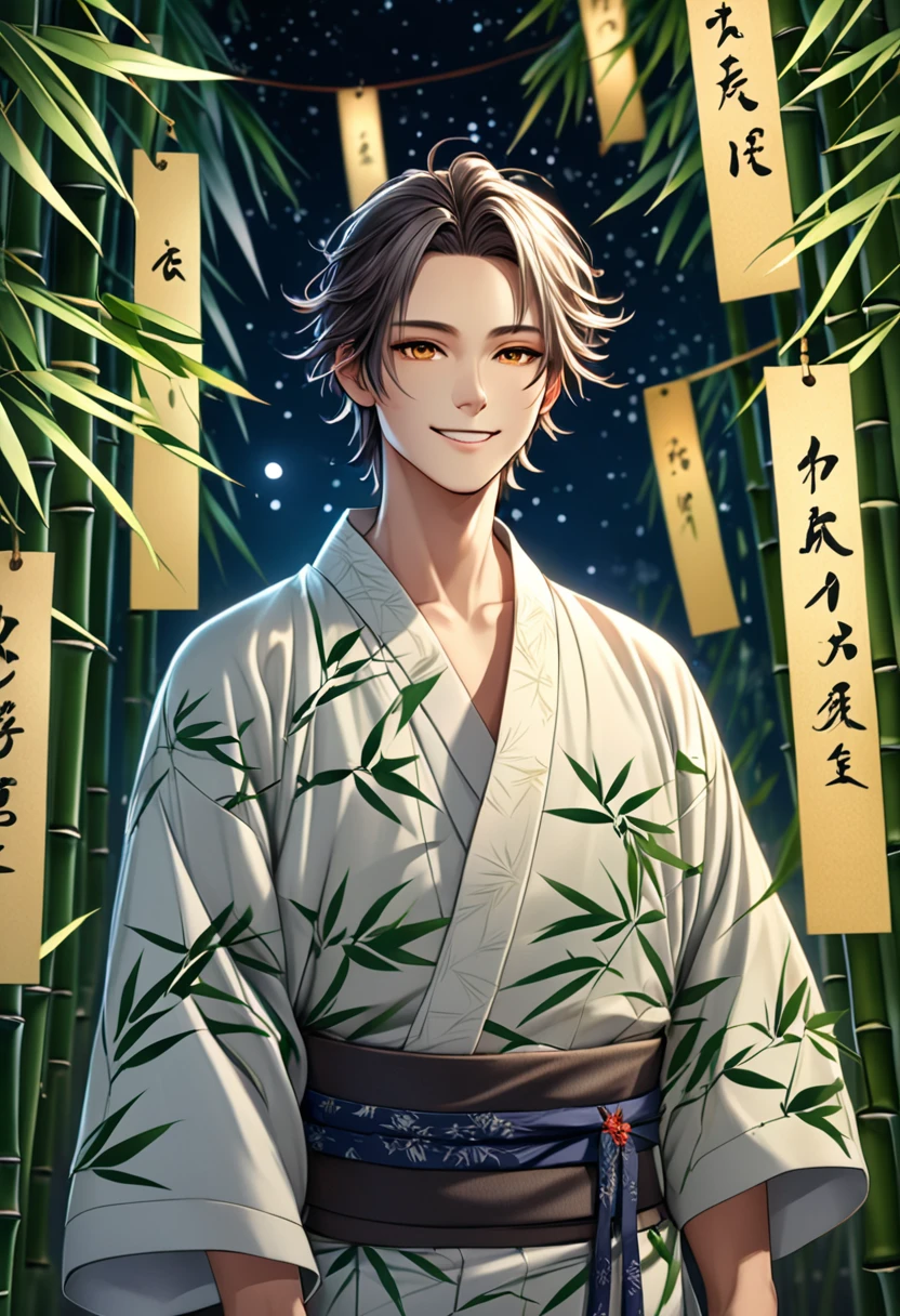 (masterpiece, 8K, Absurd, Digital Art, Digital Illustration, Realistic, Very detailed, Realistic lighting), (Perfect Face, Perfect Eyes, Perfect body), male,1 person、Miyabi、On the night of Tanabata, a young androgynous man stands in front of bamboo leaves. He is wearing a traditional yukata robes and has a gentle smile on his face. In the background, there are many bamboo leaves and colorful paper strips, creating a bright and festive atmosphere of the festival. Stars shine in the night sky, creating a fantastic and beautiful scene. The man has flowers in his hair, which, together with his smile, emphasizes the calm and happy mood.