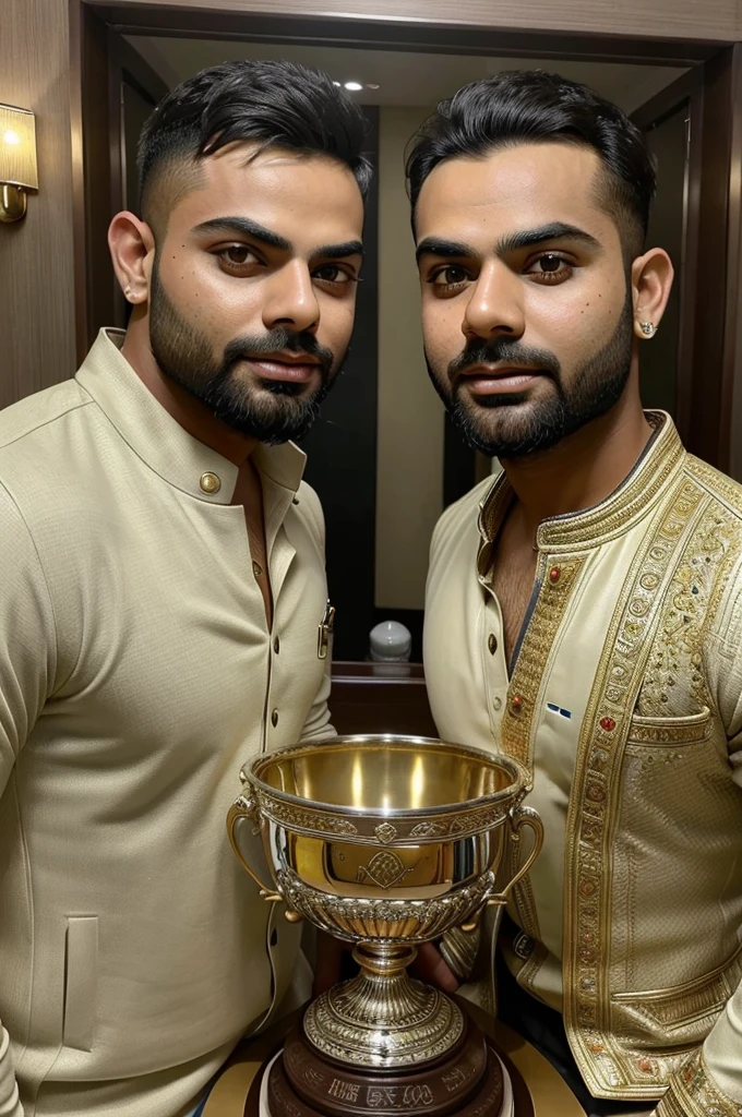 ((best quality)), ((masterpiece)), (detailed), perfect face Virat and Rohit t2o trophy when they come from airplane and make more realistic glow on both faces and shine on trophy