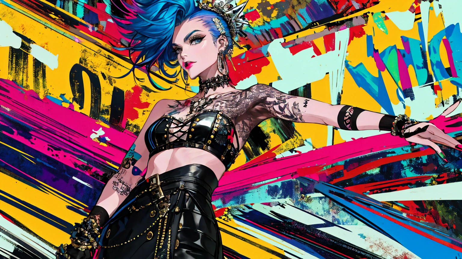 (masterpiece: 1.2, best quality), (real picture, intricate details), (1lady, solo, upper body, big tits) Clothing: sharp, stylish, cool, fashionable, non-standard, avant-garde, experimental Appearance: shaved head or bold hair color, spectacular makeup, unconventional fashion choices, tattoos on the arms Behavior: rebellious, non-conformist, provocative Venue: Urban Art District, Underground Music Scene Hobbies: attending punk shows, creating art in mixed media, experimenting with different subcultures Values: individuality, authenticity, creative expression Sources of inspiration: punk rock, counterculture icons, avant-garde art movements Character traits: bold, daring, non-standard.
