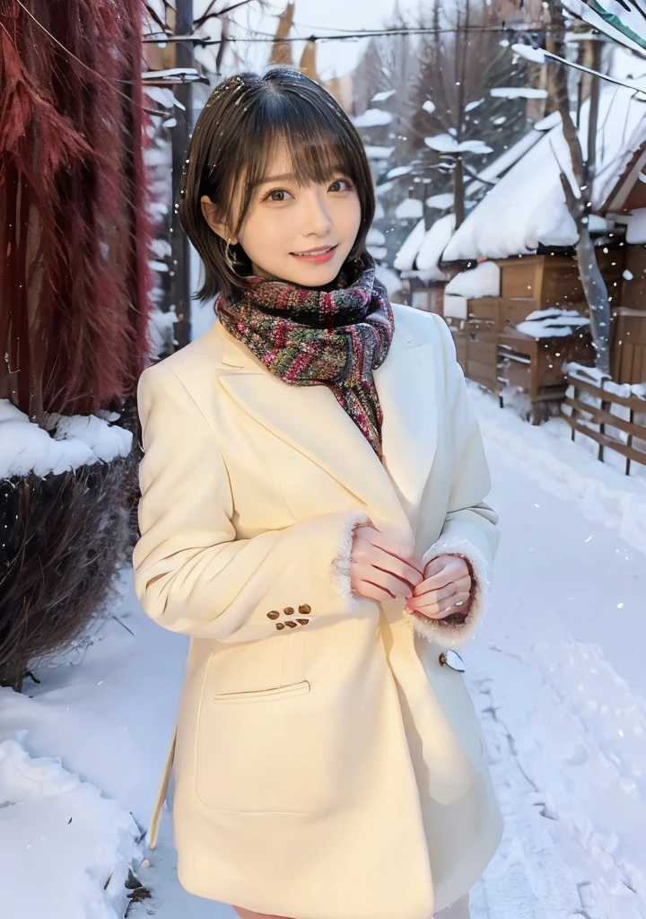 Photo from the waist up、Night city illumination shot、Cowgirl Shot、Fur coat、豪華なグレーのミンクのFur coat、Wear fine leather boots、Luxury Bags、Inner turtleneck、Silver necklace and small silver earrings Millionaire style:1.4））、Full body photo、smile、 Caustics、Highly detailed photos、Very beautiful woman 、Ample breasts、No makeup、(8K、RAW Photos、Highest quality、masterpiece:1.2)、(Realistic、Realistic)、1 Girl、((Medium Short Hair、Midwinter、Cold region Snow falling、The wind is blowing、Fluttering Hair、Blur the background、Colorful illuminations、Looking into the camera:1.4))、
