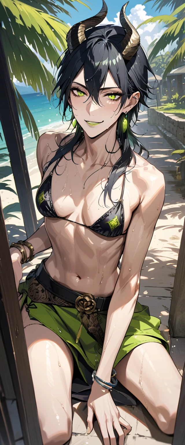 masterpiece, highres, absurdres, illustration, ((masterpiece:1.4, best quality)), (Ultra detailed background), 1boy, handsome man, highly detailed beautiful face and eyes, beautiful eyes, (sharp detail:1.3), shiny, earrings, bracelet, (wet bikini:1.3), Bari, Cebu Island, plumeria, near the beach, 1boy, sitting on floor, dynamic angle, full body, malleus draconia (twisted wonderland) horns, bishounen, boy, male, yana Toboso style, long hair, black hair, yellow green eyes, smile, gray lips, handsome, skinny, tall, yellow green glow,AddXL