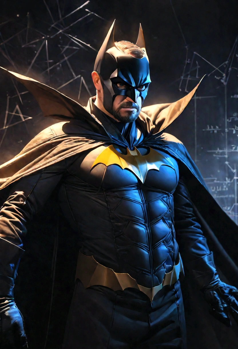 a middle-aged man with a short beard, dressed as batman, serious expression, detailed facial features, intricate costume, cinematic lighting, dark atmosphere, dramatic pose, complex mathematical equations and formulas in the background, digital art, hyper realistic, cinematic quality, masterpiece