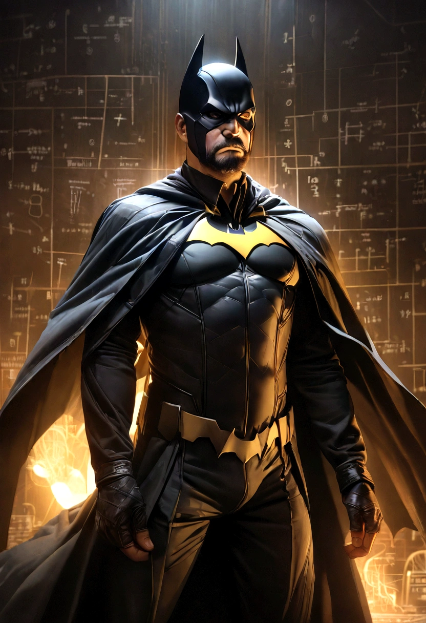 a middle-aged man with a short beard, dressed as batman, serious expression, detailed facial features, intricate costume, cinematic lighting, dark atmosphere, dramatic pose, complex mathematical equations and formulas in the background, digital art, hyper realistic, cinematic quality, masterpiece