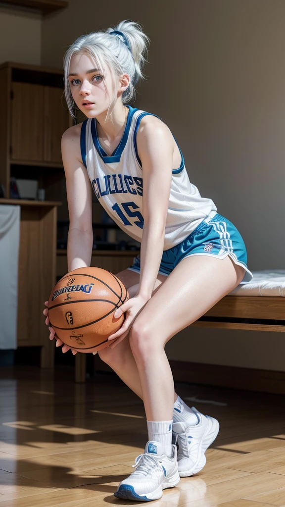 Basketball player,  16 year old girl with white hair up, white skin and blue eyes, with very short shorts and your full body can be seen 