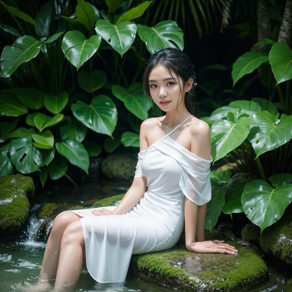 an indonesian woman showing her funny face weird expression under the rain in a lush, tropical setting with flowing water around them, wearing a wet white open shoulder dress. The scene captures a sense of freedom and happines amid a beautiful natural background. She is sitting
