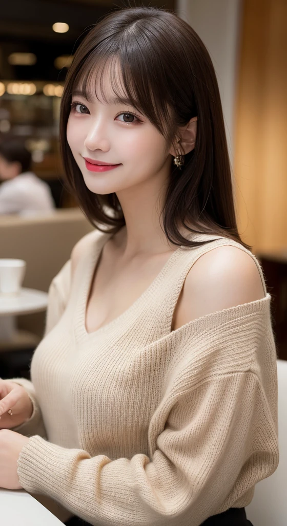 Tabletop, Highest quality, figure, Super detailed, In detail, High resolution, 8k wallpaper, Perfect dynamic composition, Beautiful attention to detail, Shoulder extension long sleeve knit,Bob Hair, Center of chest, More big 、Natural color lip, Random sexy poses,smile,20-year-old girl,huge ,Cafe,coffee,Emphasize the chest，Knitted sweater