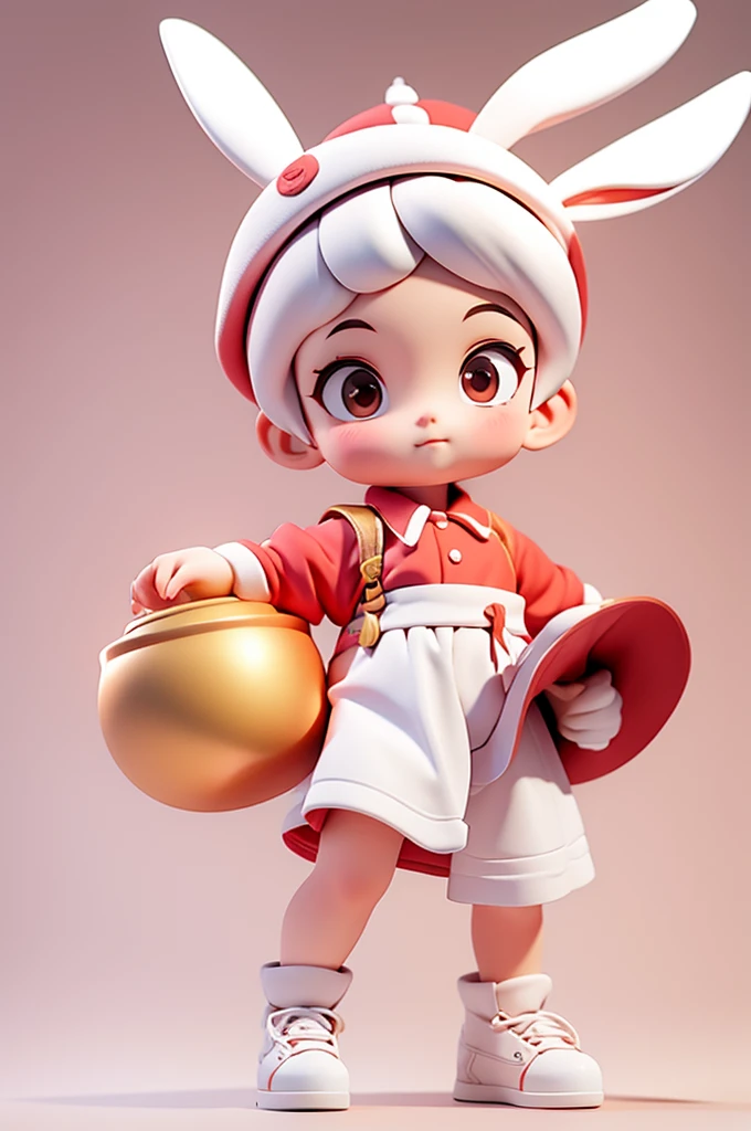 A rabbit，Wearing red Chef Boy clothes，Wearing a copper coin hair ornament on the head，Regular facial features，Clarity，Invariance of facial features，Head-to-body ratio coordination，3D Modeling，3D Effect，Three-dimensional material effect，3D Effect强，White background