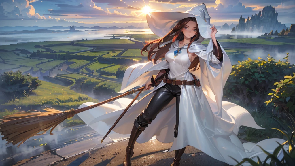 masterpiece, super detailed, 8K portrait, RAW photo, portrait photography, highly detailed face, beautiful and detailed eyes, ((fantasy)), young and beautiful, dynamic pose, (((long dark red straight hair))), ((witch)), white skin color, luxury, crystal necklace, (((Cloudy white silk long cloak))) fluttering in the wind, (((long one-piece tunic))), (((cropped pants)), (((leather boots))), ((fly in the sky on a magic broom)), midday sun, surreal, body model, big breasts, beautiful breasts, long legs, In the sky, environmental lighting, shadow details , Focus the camera on the thigh, strong wind, light fog