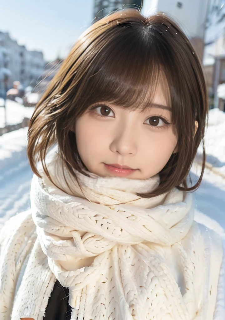 Hair blowing in the wind、Medium Short Hair、Fluffy scarf、Expressing the whiteness of one's breath、Photo from the waist up、Night city illumination shot、Cowgirl Shot、Fur coat、豪華なグレーのミンクのFur coat、Wear fine leather boots、Luxury Bags、Inner turtleneck、Silver necklace and small silver earrings Millionaire style:1.4))、Full body photo、smile、 Caustics、Highly detailed photos、Very beautiful woman 、Ample breasts、No makeup、(8K、RAW Photos、Highest quality、masterpiece:1.2)、(Realistic、Realistic)、1 Girl、((Medium Short Hair、Midwinter、Cold region Snow falling、The wind is blowing、Fluttering Hair、Blur the background、Colorful illuminations、Looking into the camera:1.4))、