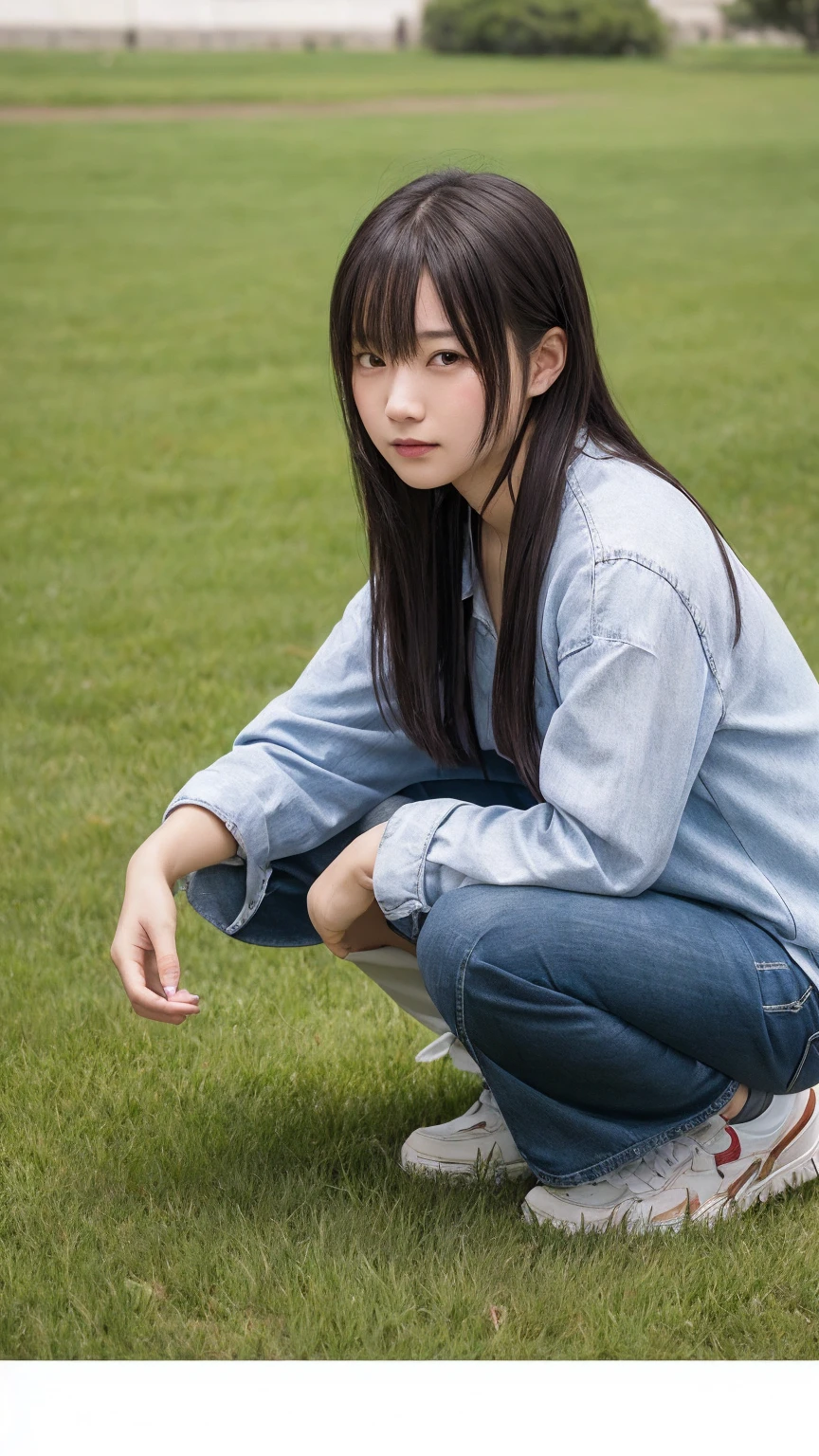 1 Female,((One girl)),((16 years:1)), cowboy_shot,(from_front:1.5),Eye of the worm,squat,自分のfeetを抱きしめる, On the grass,10 generations, Very young,純真なbeautiful少女たち, Idol&#39;s face, Delicate girl:1,feet,knees,(elegant_Sandals:1),(Tunic blouse:1.0), (Ruffled tops:1.0), (trainer:1),(cardigan:1),Sleeves are longer than the wrist, overly too long sleeves, (denim_skirt:1.3),at the park,(knees_Away:0.8),(white_elegant_pantiess are visible:1.3),(seamless_pantiess:1.3),正面from:1), (race_embroidery_panties:0.8), masterpiece, Highest quality, 8K,(beautiful_skin:1),Detailed face,Smooth bristles, Glowing black eyes,Sparkling eyes,Childish,RAW Photos, Professional Lighting, Film Grain, chromatic aberration,Expressionless, (Small eyes and face:1.0), (Bokeh:1.1),School Bags
