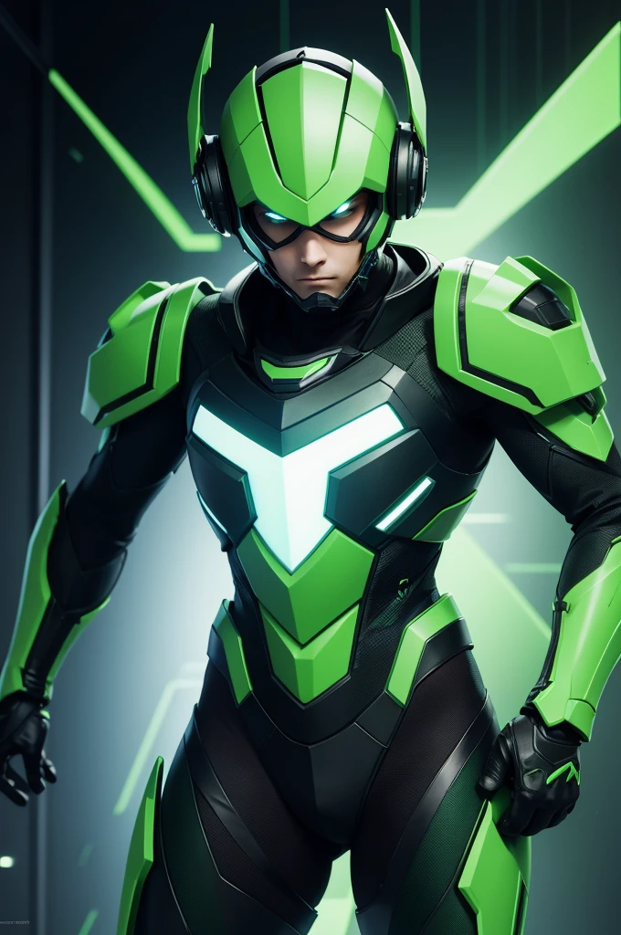 Hacker in green colored cyber armor holding a leptop matrix style background