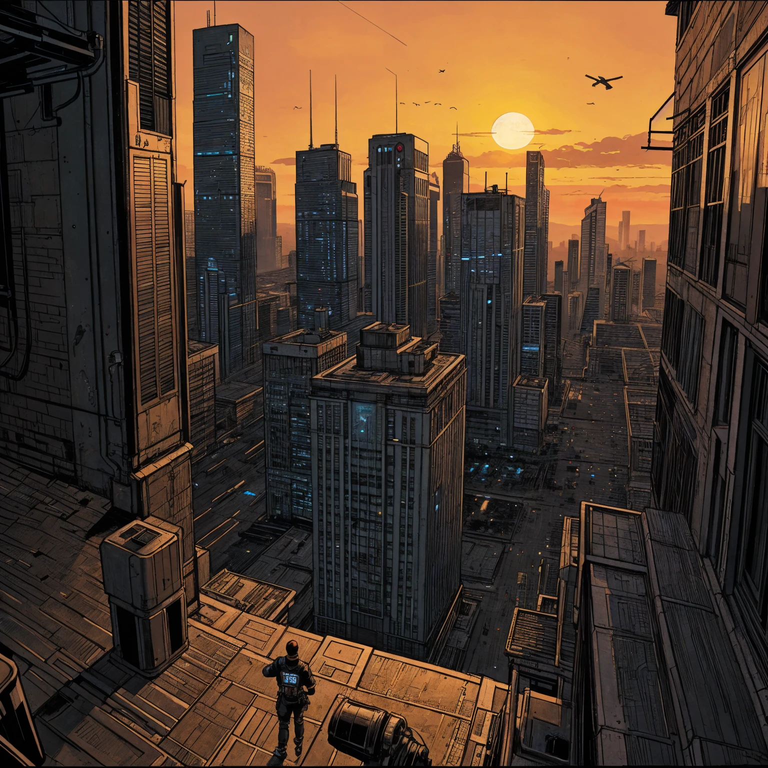 realistic illustration, sunset, cyberpunk city, rooftop, (hip hop style), intricate details, cinematic