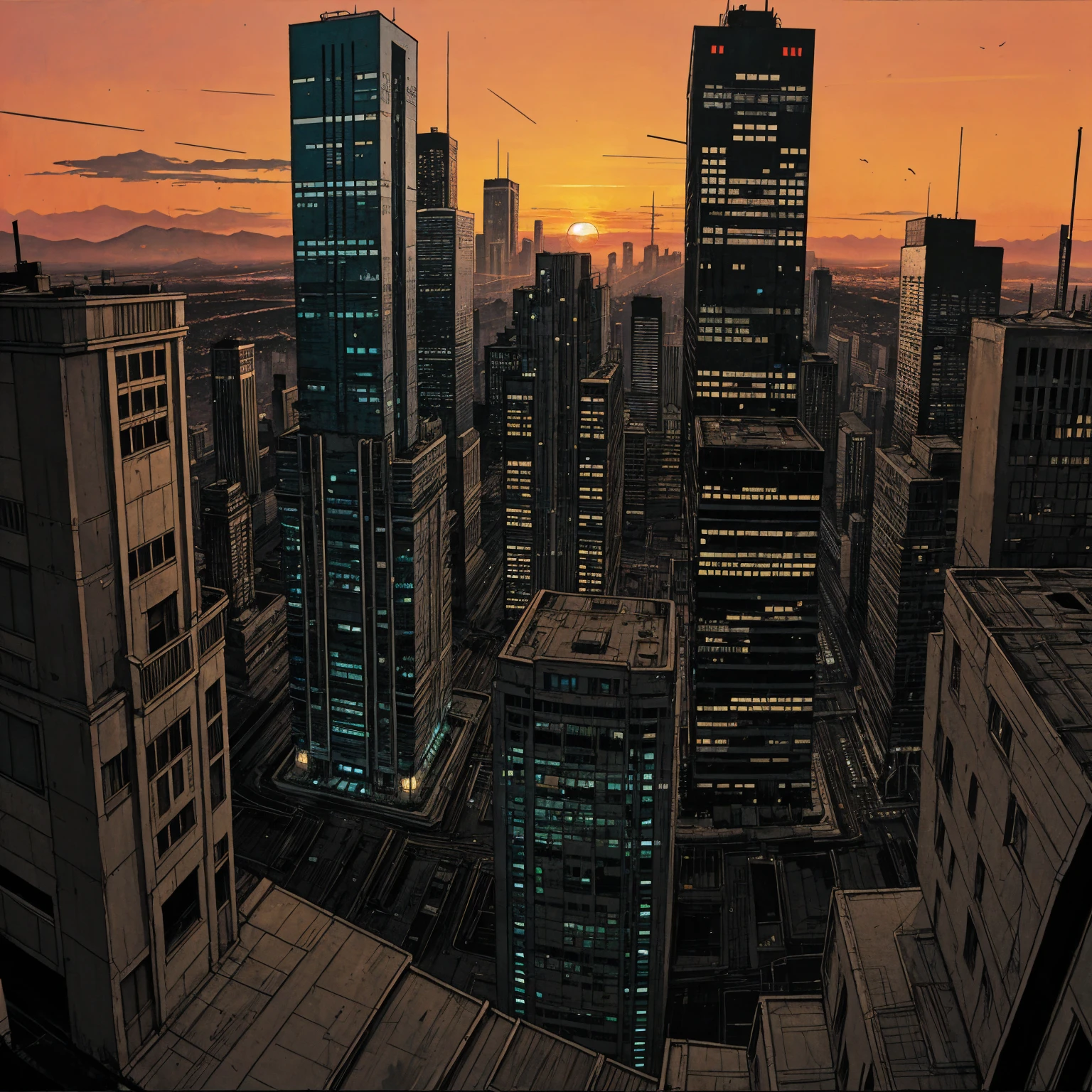 realistic illustration, sunset, cyberpunk city, rooftop, (hip hop style), intricate details, cinematic