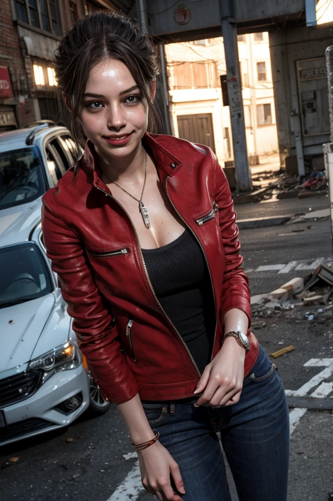 1girl, (realistic),(hyperrealism),(best quality),(masterpiece),(ultra high res),(photorealistic),idol,eye makeup,detailed eyes,detailed face,black dress, claireredfield2, brown hair, (red jacket:1.2), ponytail, (denim pants:1.3),, red wristband,, abandoned street, burning cars in background, littered street, smoke, chaos, zombie apocalypse, daytime, sunny,, flirting, looking at viewer, smiling, closeup shot