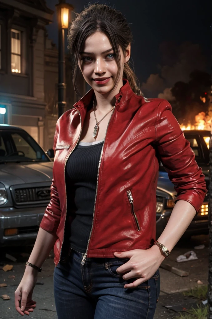 1girl, (realistic),(hyperrealism),(best quality),(masterpiece),(ultra high res),(photorealistic),idol,eye makeup,detailed eyes,detailed face,black dress, claireredfield2, brown hair, (red jacket:1.2), ponytail, (denim pants:1.3),,  red wristband,,  abandoned street, burning cars in background, littered street, smoke, chaos, zombie apocalypse, daytime, sunny,,  flirting, looking at viewer, smiling, closeup shot