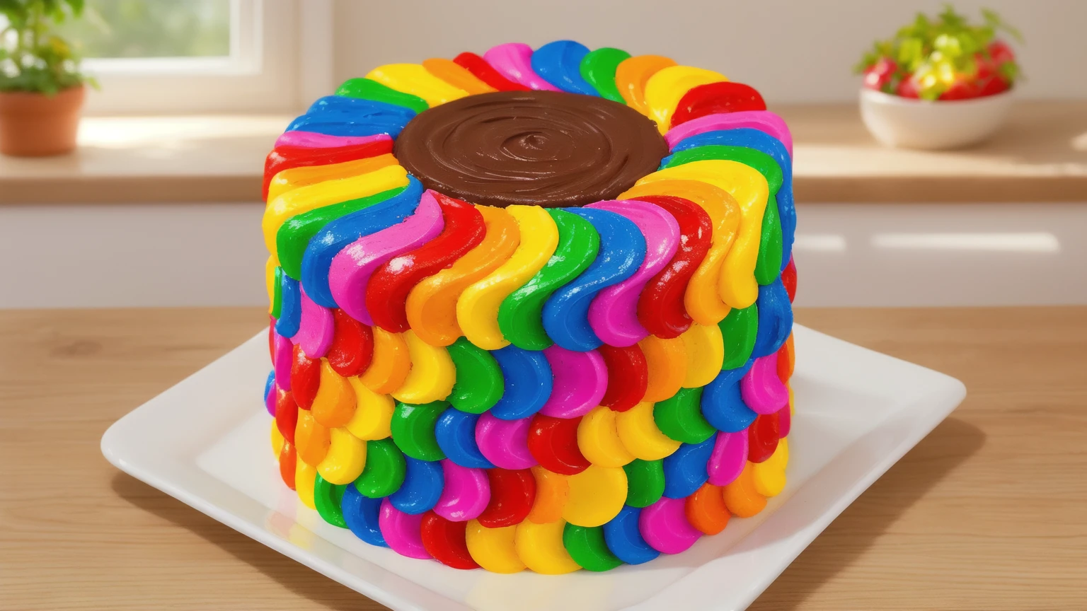 on a wooden table. there is a square white plate. rainbow cream cake. smears of cream in a checkerboard pattern, hole with chocolate drips on top, ((cream highlights)), against the background of the kitchen, Kitchenware, vases with plants, Beautiful light from the window, contour light, Multiple light sources, beautiful sunlight, Bright light source, bright lighting, beautiful light sources, Multiple light sources, Realistic style , realistic texture, detailed texture, A high resolution, high quality, macro photography