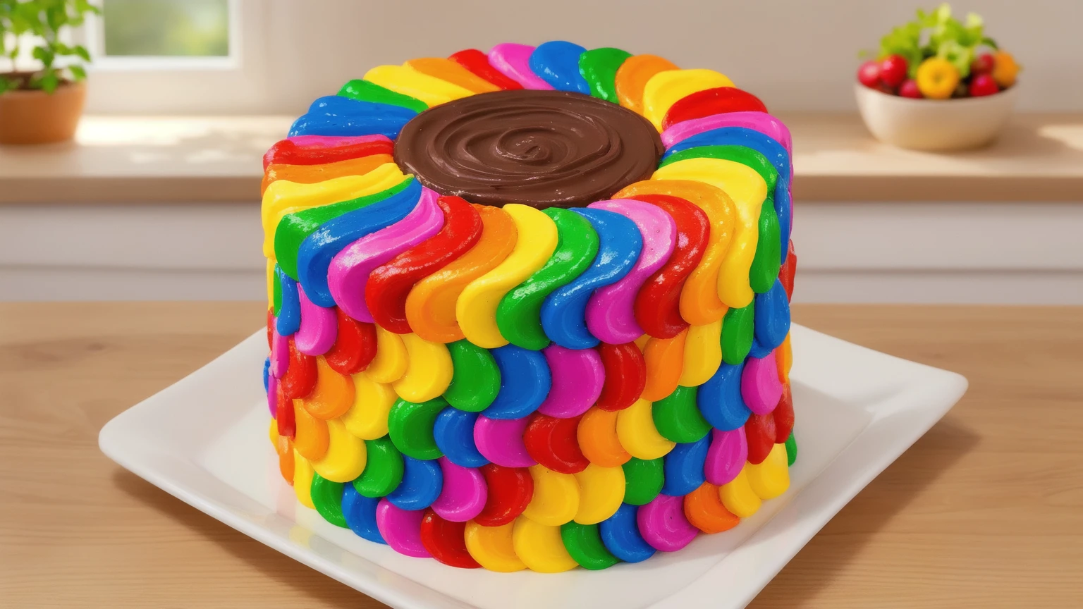 on a wooden table. there is a square white plate. rainbow cream cake. smears of cream in a checkerboard pattern, hole with chocolate drips on top, ((cream highlights)), against the background of the kitchen, Kitchenware, vases with plants, Beautiful light from the window, contour light, Multiple light sources, beautiful sunlight, Bright light source, bright lighting, beautiful light sources, Multiple light sources, Realistic style , realistic texture, detailed texture, A high resolution, high quality, macro photography