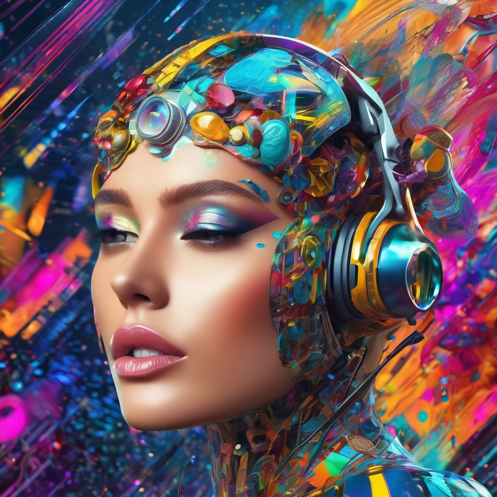 (Masterpiece, 8K, UHD, high resolution: 1.4), an artistic and creative photo for an Instagram page about AI-created art, (vibrant and colorful collage of different artistic styles: 1.3), (elements of abstract, surreal, and futuristic art: 1.2), (human and robotic figures harmoniously blended: 1.2), (digital brushstrokes and light effects: 1.3), (background with geometric and fractal patterns: 1.1), (detailed and intricate texture: 1.2), (inspiring and innovative atmosphere: 1.3), realistic and impressive details, (elements of creativity and technology: 1.2), (artistic and visually stunning perspective: 1.3)