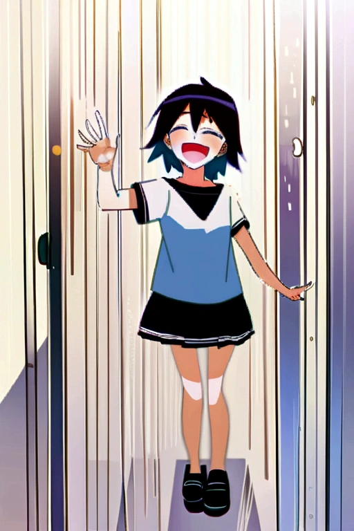 Anime girl, short hair, slim body, about teen age, wearing short skirt and and t shirt with collars,wearing a tie , enjoying rain, close eyes and laughing, wearing black shoes, fair skin colour