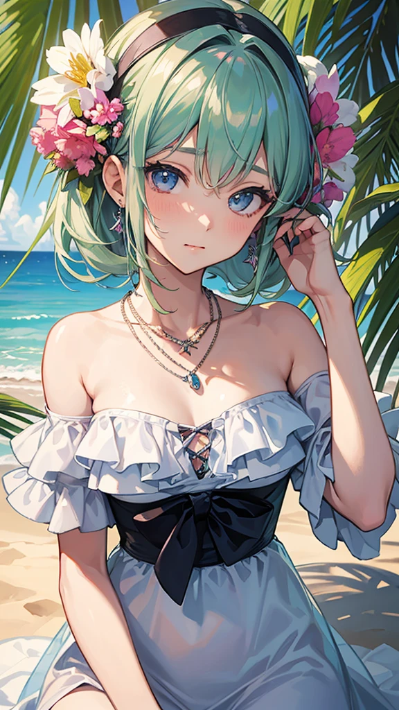 Official Art,(最high quality, masterpiece:1.2), エルフのポートレートphotograph、1 Girl, 最high quality, masterpiece, High resolution, [purple|Sliver|green] _hair, Swimsuit accessory, necklace, jewelry, Beautiful Face, I&#39;m looking forward to, Full body image, Realistic, Outdoor, Modern Pool, Two-tone lighting, (Skin with attention to detail: 1.2), 8K Ultra HD, Digital SLR, Soft Light, high quality, Volumetric Light, Frank, photograph, High resolution, 4K, 8K, Background Blur