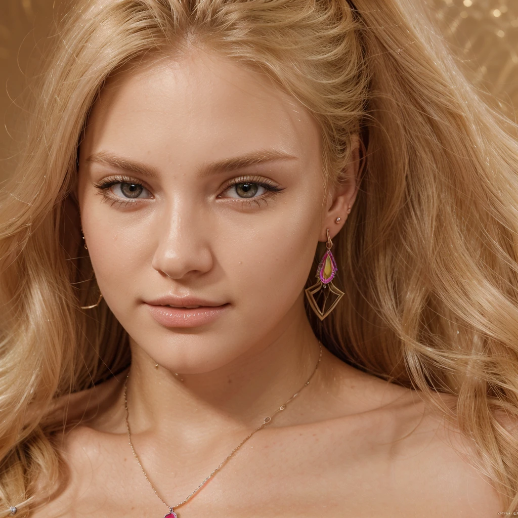 Create super high resolution 3d close-up image of a blonde Bella. 24 years old. Long blonde hair. Wears an earrings, necklece. Hyper realistic. Ultra detailed. Sharp focus. The image is rendered in animated art style, ensuring a visually stunning presentation in 8K resolution. Colorful background.