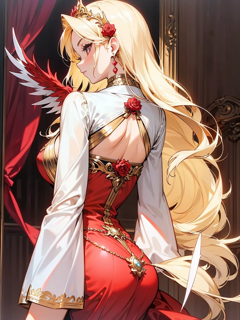 Add in roses to her dress, a good back dress design with some golden jewelry, make her dress into a red and white gown with a hat, give her some unique Jewelry, and make her look somewhat of a demonic angel like appearance to her