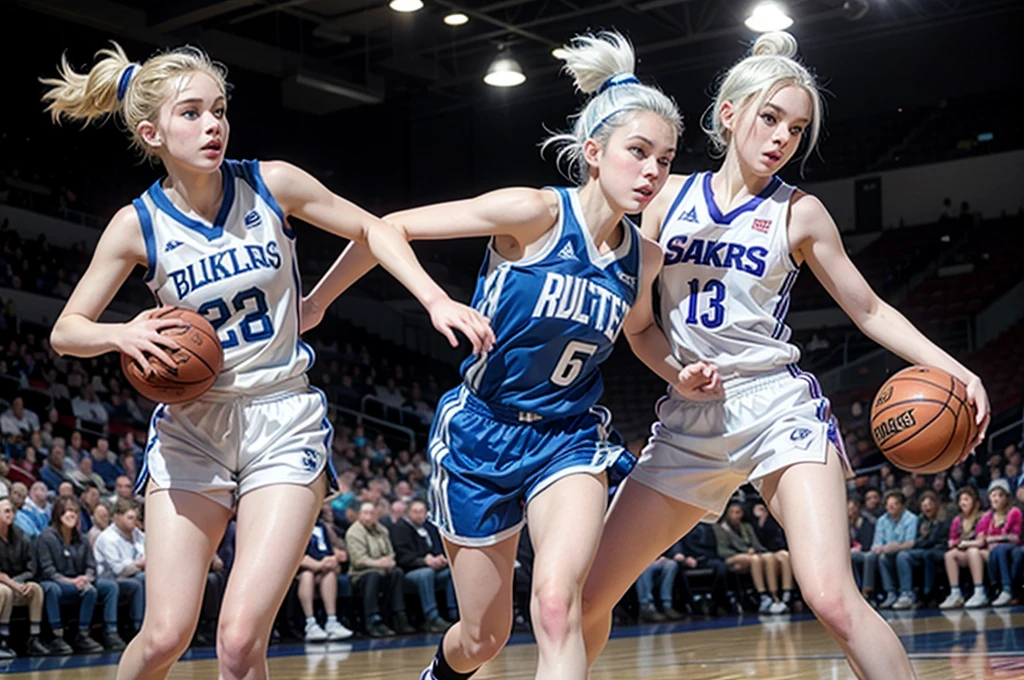Basketball player, 16 year old girl with white hair up, white skin and blue eyes, with very short shorts and your full body can be seen