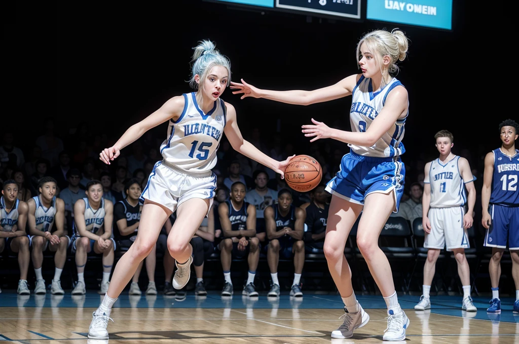 Basketball player, girl with white hair up, white skin and blue eyes, with very short shorts and your full body can be seen