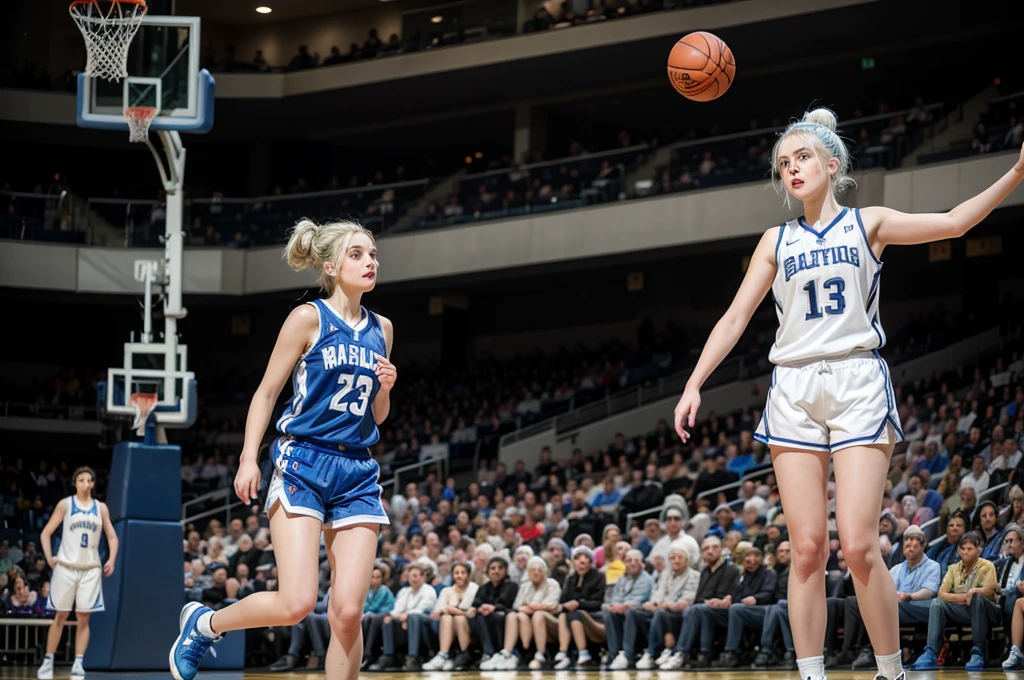 Basketball player,   girl with white hair up, white skin and blue eyes, with very short shorts and your full body can be seen 