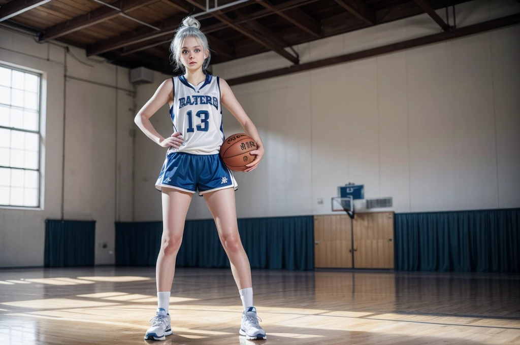 Basketball player,  16 year old girl with white hair up, white skin and blue eyes, with very short shorts and your full body can be seen 