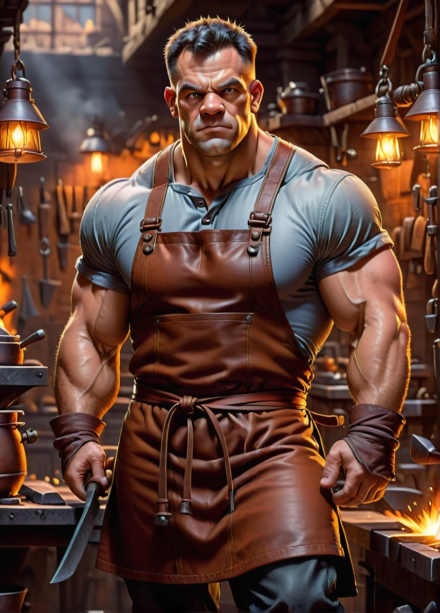 orc blacksmith, (young muscular male: 1.5), (serious look: 1.5), muscular, (blacksmith clothing and leather apron: 1.5), smithy workshop background, smithing weapon, full shot, ((looking at viewer:1.2), (from side:0.8)), athletic, volumetric lighting dynamic lighting, real shadows, vibrant contrasting colors, style of Stephen Hickman and Stan Manoukian, ultra realistic, masterpiece, high quality, highres, sharp focus, intricate, sharp details, highly detailed, rich color, 8K,