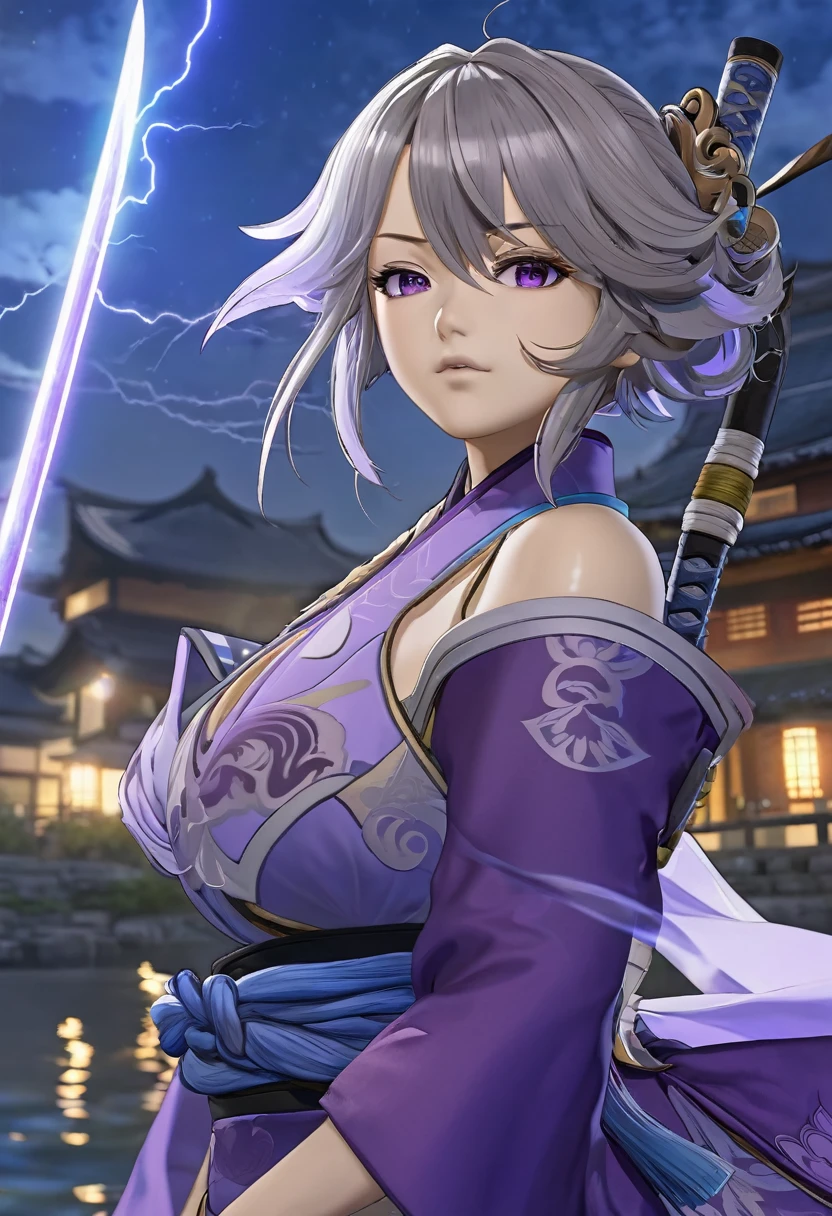 Raiden Shogun from Genshin impact, calm eyes , purple dress, beautiful body, night time by the riverside, high res, Perfect face, open mouth, digital art, polearm ,Thunder