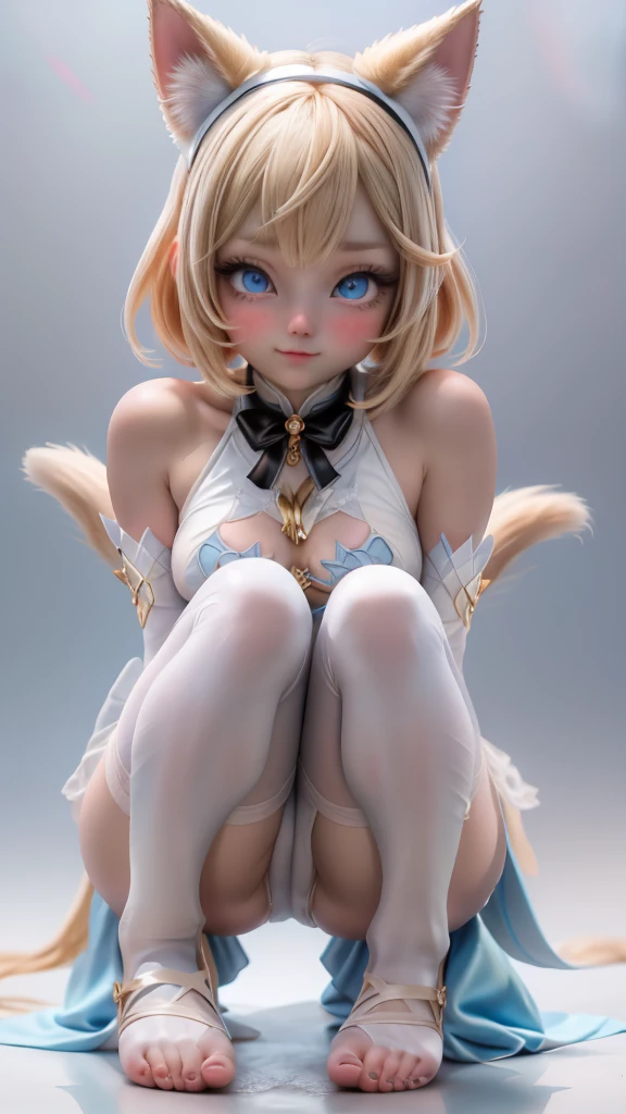 White gradient background ((full body)) ( detailed light blue eyes) detailed face, highly Filtering,, 1个small Breast Girl,anatomy correct,cats-shaped headdress, short hair, tween tail blonde hair, ssmile,cats white costume clothes, (see-through clothes :1.2) , white pantyhose, ( squatting legs with paw pose:1.3), ( Wearing cats shaped costume on feet with ribbon ), Small-shaped legs, Jewelry feet, ,perfectly proportions,extremelydetailedface,(Best quality at best,high detal,tmasterpiece,offcial art,movie light effect,4K)