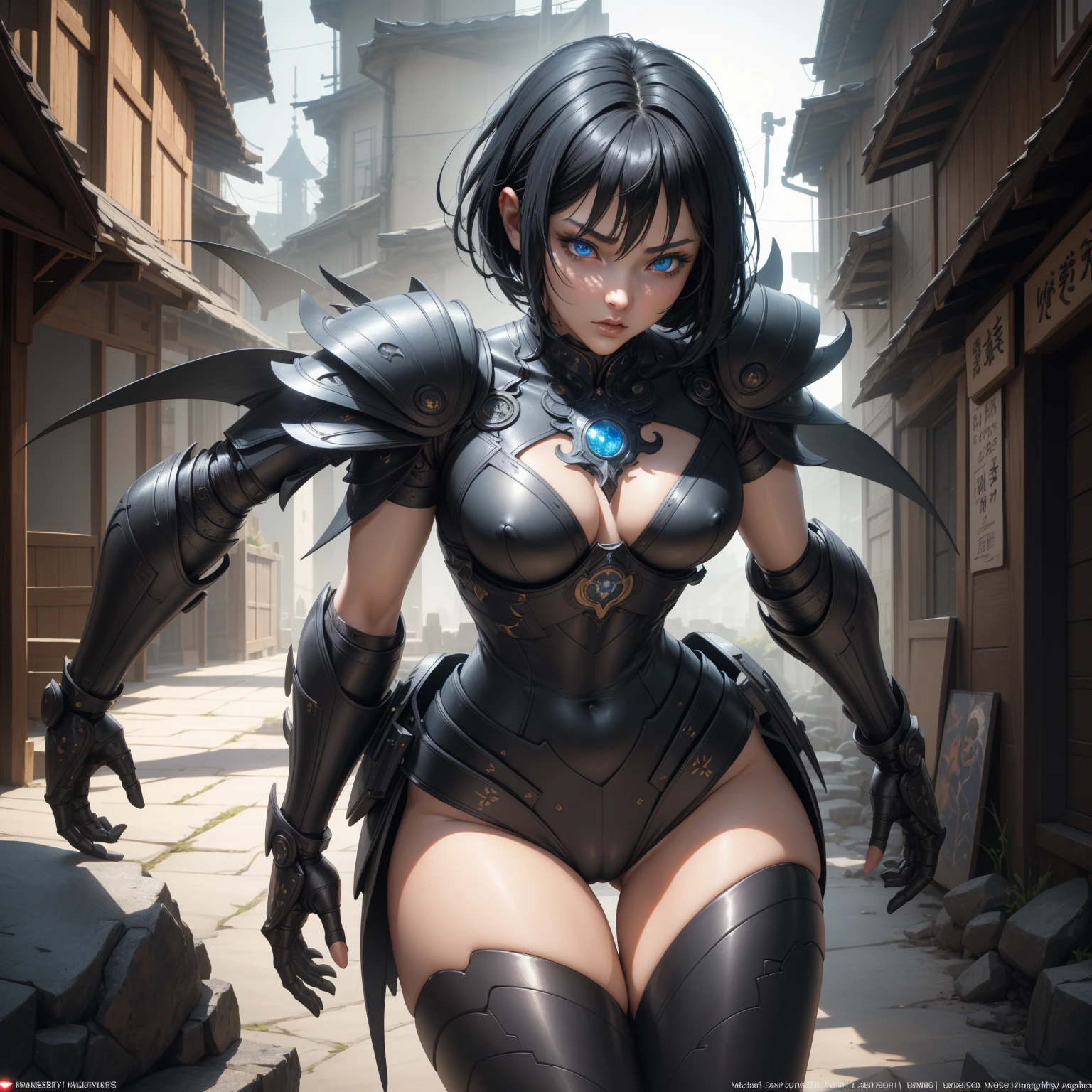 1girl!!!, short bob hair, black hair, small breasts!!, blue eyes, fair skin, bored face, sexy tight black ninja outfit, bare arms, bare legs, full body, full body, medieval japanese town, very sexy body, detailed face, beautiful detailed eyes, beautiful detailed lips, extremely detailed eyes and face, long eyelashes, detailed clothing, intricate details, highly detailed, photo realistic, 8k, best quality, masterpiece, cinematic lighting, dramatic lighting, vibrant colors, fantasy, digital art, concept art