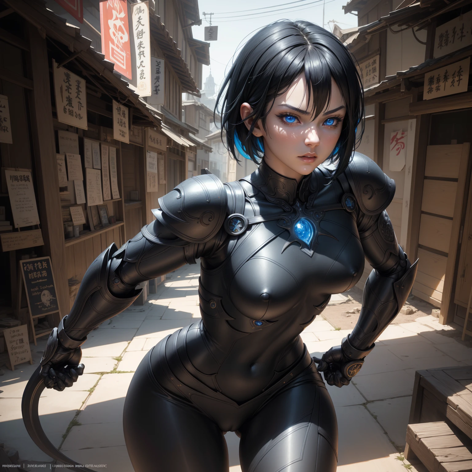 1girl!!!, short bob hair, black hair, small breasts!!, blue eyes, fair skin, bored face, sexy tight black ninja outfit, bare arms, bare legs, full body, full body, medieval japanese town, very sexy body, detailed face, beautiful detailed eyes, beautiful detailed lips, extremely detailed eyes and face, long eyelashes, detailed clothing, intricate details, highly detailed, photo realistic, 8k, best quality, masterpiece, cinematic lighting, dramatic lighting, vibrant colors, fantasy, digital art, concept art