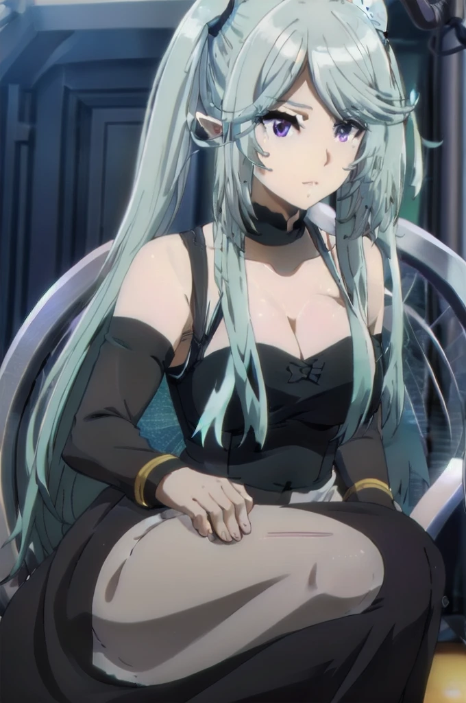 dark blue hair,,long hair,purple eyes,pointy ears,elf,tall,black tight body suit,bondage,tied up,bound,tied wrist,tied legs,((blindfold)),blush,wet,sweat,rope.collar,leash
