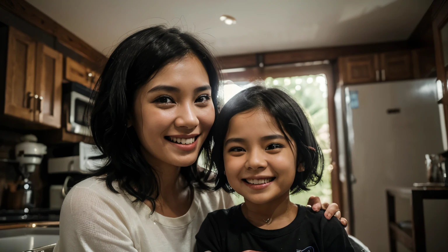 (extremely detailed 8k wallpaper), (30 years old woman with her daughter), fine focus, ((south-east Asian)), (subsurface dispersion:1.1), (((short black hair))), expression ((smiling)), award-winning photography, in a house.