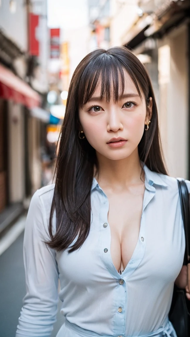 (((Realistic photograph))),, Portraiture, (Scary face:1.3),, beautiful girl, View your audience, , (school uniform:1.2), Buttoned shirt and trousers, , (Cleavage:1),, On the streets of Japan, (Environment details:1.3),, (RAWphotograph, CG unity, photograph, ultra Realistic details, Sharp focus, Detailed skin,4K, High resolution, masterpiece, Highest quality, Realistic, Vibrant:1.2),, (8K,4K, 超High resolution, High resolution, Professional, movieのような, movie, dramatic),, (Anamorphic depth of field blur background), Detailed Background,