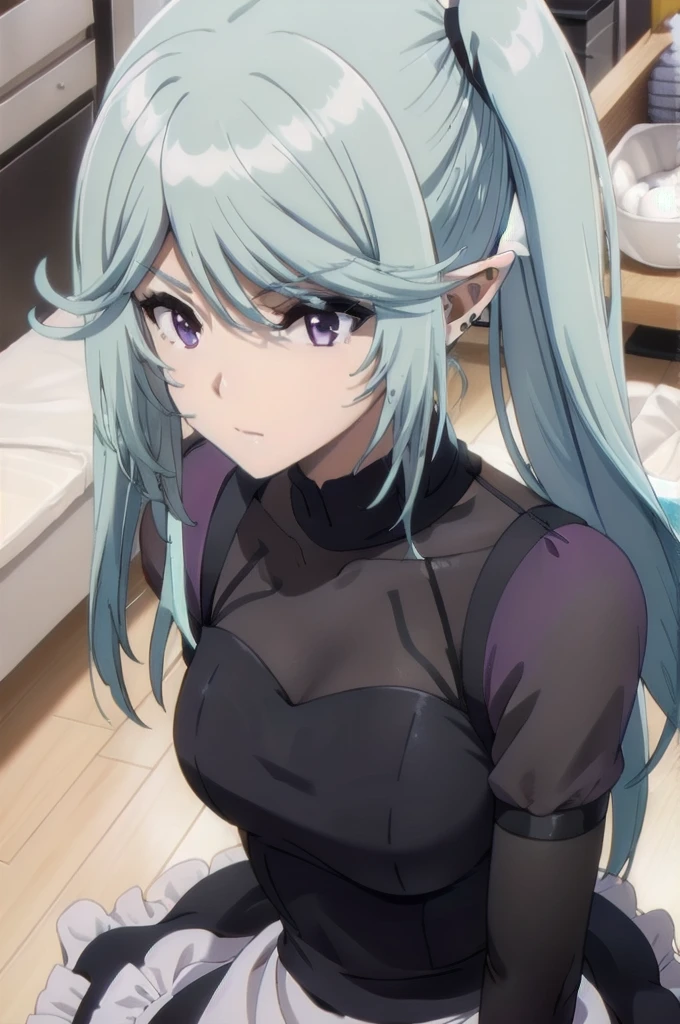 best quality, blue hair,,long hair,purple eyes,pointy ears,elf,,masterpiece, highres, solo, (maid:1.40), (long maid dress:1.15), anime_style, 14

