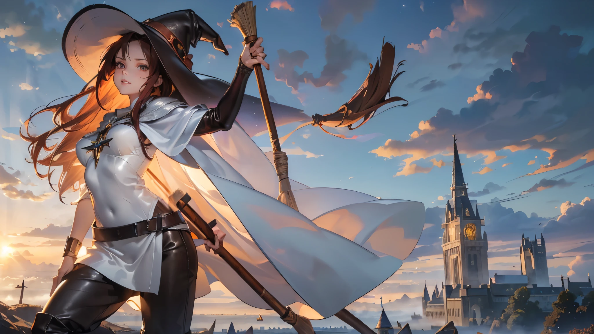 masterpiece, super detailed, 8K portrait, RAW photo, portrait photography, highly detailed face, beautiful and detailed eyes, ((fantasy)), young and beautiful, dynamic pose, (((long dark red straight hair))), ((witch)), white skin color, luxury, crystal necklace, (((Cloudy white silk long cloak))) fluttering in the wind, (((long one-piece tunic))), (((cropped pants)), (((leather boots))), ((fly in the sky on a magic broom)), midday sun, surreal, body model, big breasts, beautiful breasts, long legs, In the sky, environmental lighting, shadow details , Focus the camera on the thigh, strong wind, light fog