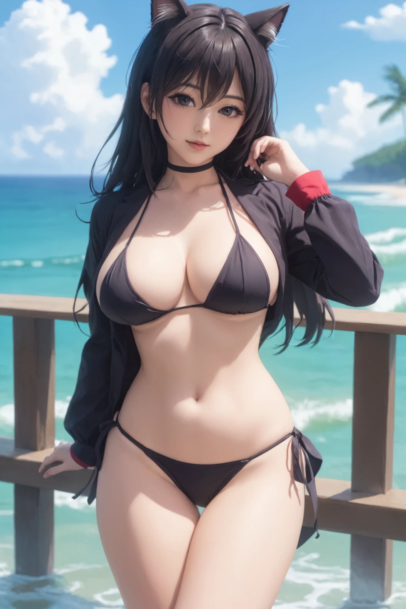 a close up of a woman in a bikini with a cat ear, seductive anime girl, at a beach, at the beach, in the beach, in bikini, attractive anime girl, anime best girl, is wearing a swimsuit, thicc, , (anime girl), anime girl, in a bikini, realistic bikini, at the seaside