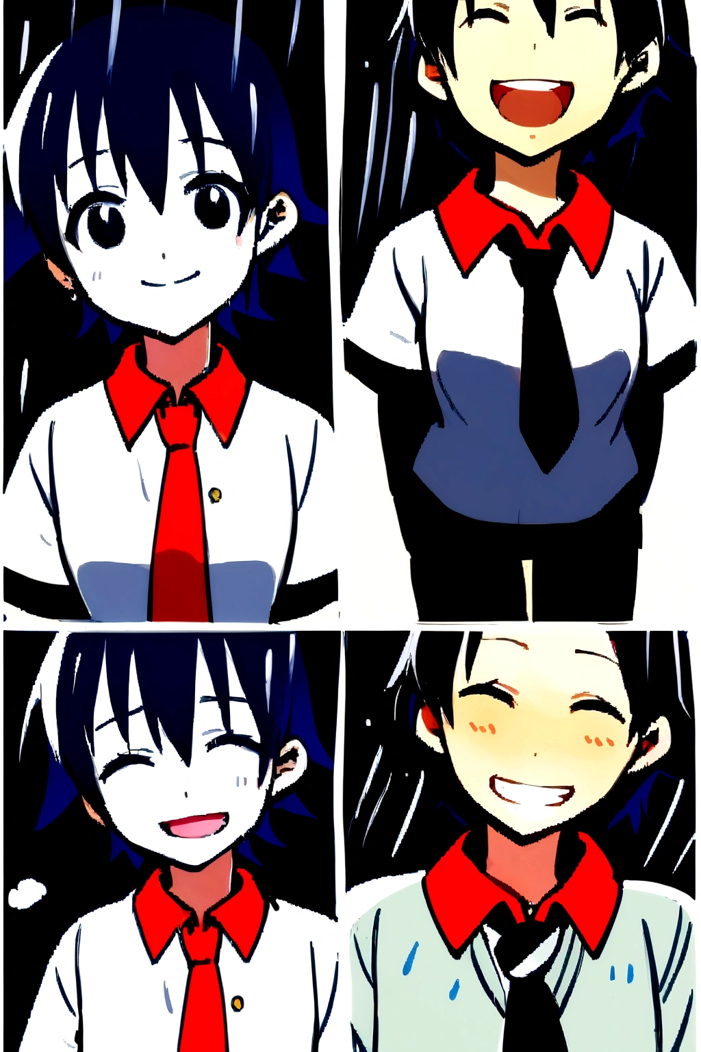 Anime girl, short hair, slim body, about age, wearing short skirt and and t shirt with collars,wearing a tie , enjoying rain, close eyes and laughing, wearing black shoes, fair skin colour