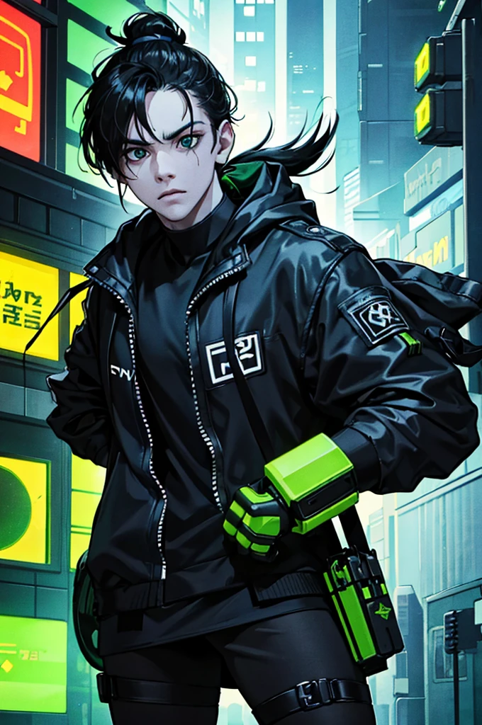 Fluorescent green very short ponytail , black eye, severe dark circles , droopy eyes , cyberpunk hood , Timid , dependent , heartless , night background , dark , Hikikomori , genderless , masculine , boy , man , Man , Overhead retro bike goggles , man 캐릭터