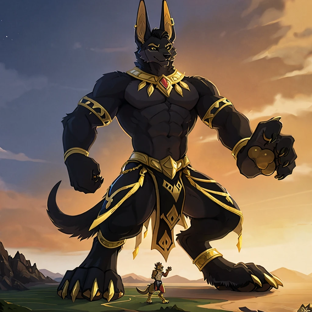 birds-eye view, macro furry,anthro,
Jackal, jackal ears,jackal tail, dark black fur, short wavy hair, hair covering one eye, black sclera, gold pupil, pawpads, gold pawpads, tall, handsome, sexy, slim, twink, femboy, standing over a tiny continent on earth, stomping, looking down at ground, hands on hips,
wearing black loin cloth with a gigantic bulge, gold jewelry, gold anklets,
sunny day, giant attacking tiny continent, giga-sized character, size difference, macro, macro furry, digitigrade, digitigrade stance, alone, 