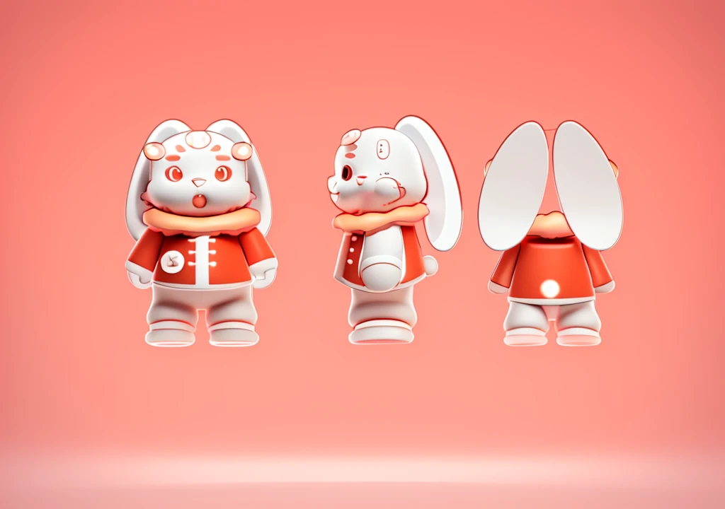 A cute rabbit,Wearing red clothes similar to those of Little Chef,Wearing a copper coin headdress on his head,Normal head-to-body ratio,Clarity,Not blurry,Coordination of the five senses,3D Model,3D Effect,Terracotta material