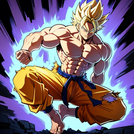 A detailed anime-style drawing of Son Goku as a Super Saiyan. blond hair, Big muscles, Bodybuilder body, Bare torso, barefoot, sole of the foot, Toes. tense biceps, torn pants, Muscle legs, Calf muscles, dynamic fighting pose